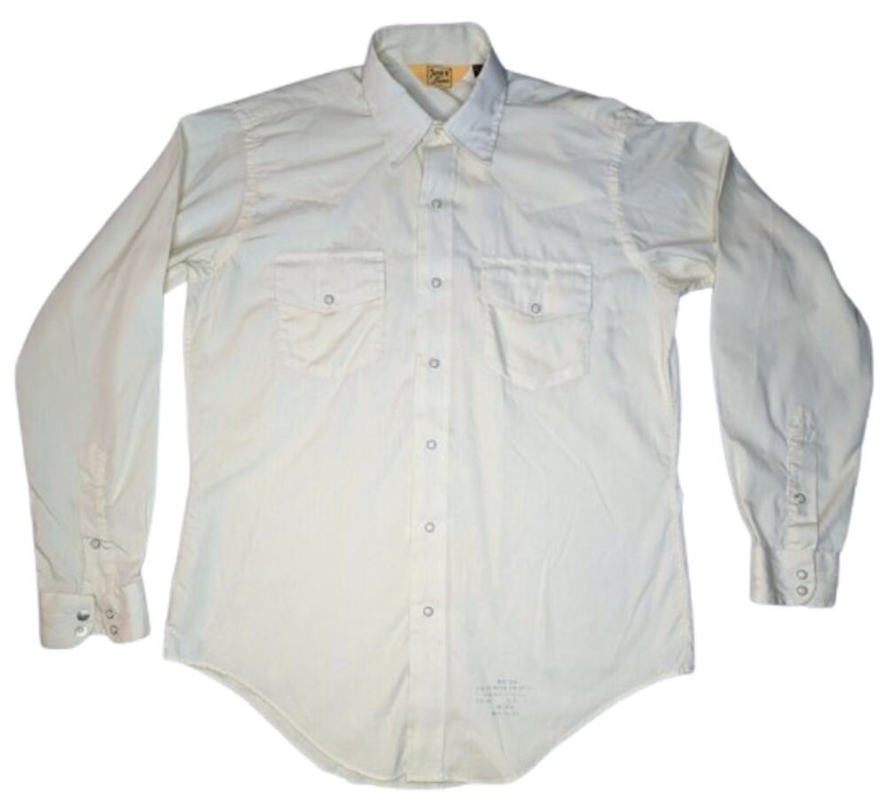 Tony Lama Vintage Mens Pearl Snap Cream Shirt 15.5 x 34 Med Western Cowboy Rodeo